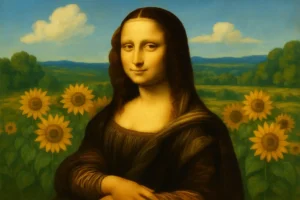 imagen ilustrativa sobre la mona lisa hecha por IA en un campo de girasoles - cómo funciona la inteligencia artificial en el arte